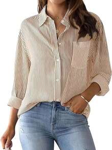 Women's Oversized Striped Long-Sleeve Comfortable Shirt - 卡其色 - 查看 4