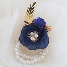 1件优雅藏蓝色玫瑰韩式花卉金叶弹力珍珠腕花，新娘伴娘婚礼配饰，高端派对舞会情人节活动腕部装饰，夏季，海滩 - 藏蓝色 - 查看 8