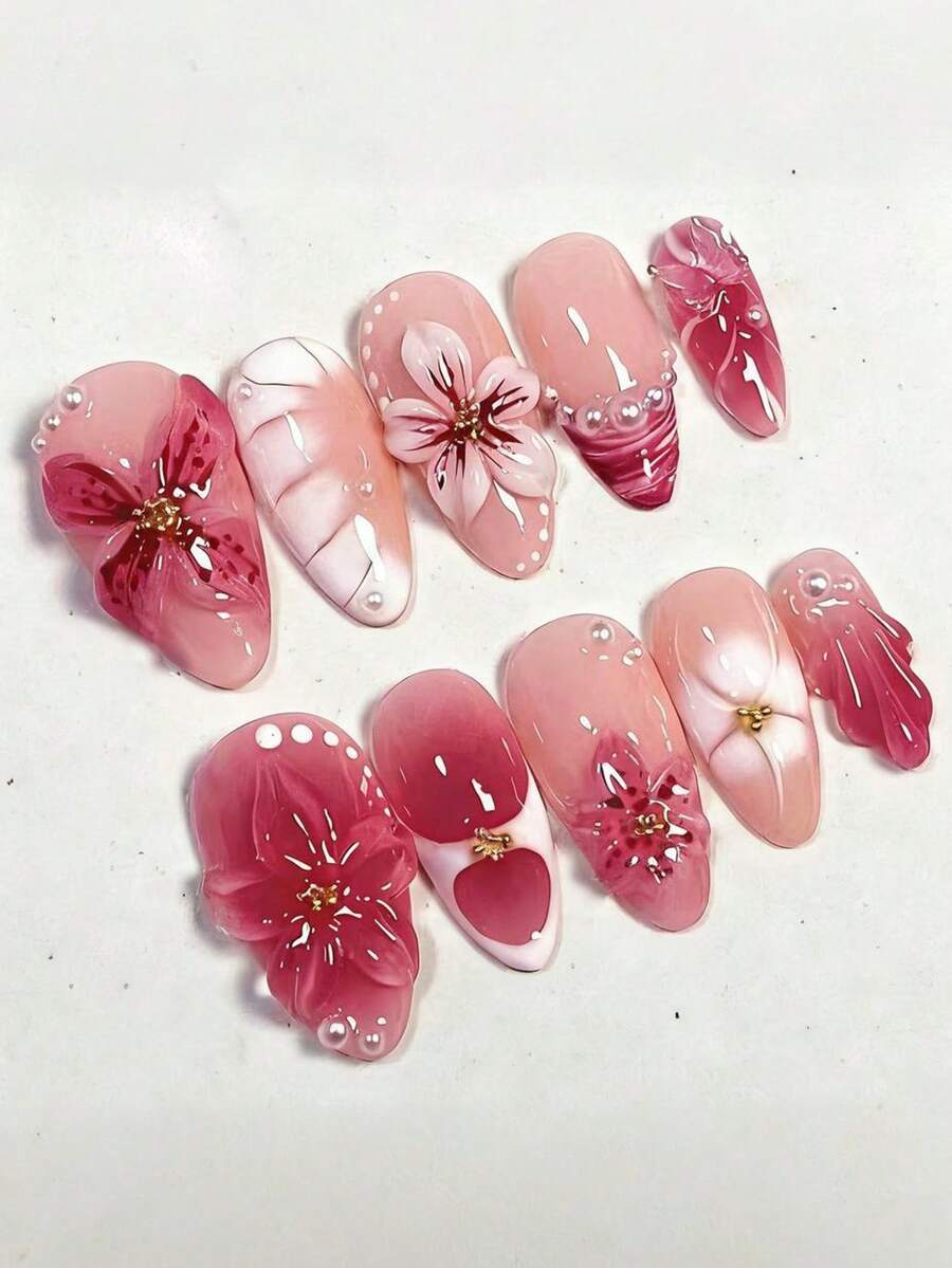 10片Y2K风格花朵假指甲，中号杏仁形DIY美甲工具套装，饰有白色珍珠和蝴蝶图案，适合美甲沙龙、女性日常佩戴、节日、礼品等场合。 - 彩色 - 查看 1