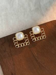 1 Pair Elegant Geometric Square Faux Pearl Earrings, Fashionable Unique Versatile Earrings Suitable For Women's Daily And Holiday Wear - Geometric Square - View 5