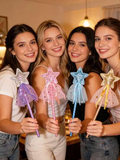 女士五芒星魔法棒，派对表演道具，闪光星星仙女棒，金色、蓝色、粉色、紫色，生日派对服装配饰