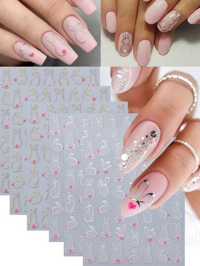 6 hojas de calcomanías de uñas con diseño de conejitos 3D autoadhesivas, calcomanías de arte de uñas de Pascua con conejos dorados y plateados, diseños de uñas de Pascua, deslizadores adhesivos, accesorios de manicura de primavera con conejitos para mujeres