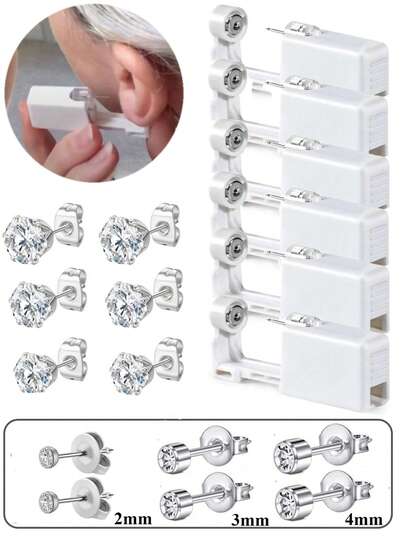 Tek Kullanımlık Kulak Delme Seti, Hassas Kulak Delme İçin Kulak Delme Tabancası Seti, 6 Adet Çivili Küpe, Kadınlar ve Erkekler İçin 2mm 3mm 4mm CZ Paslanmaz Çelik Küpe Uçlu Kulak Delme Aleti