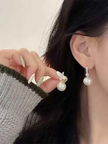 一对珍珠耳环，钻石耳环，优雅气质，复古水钻珍珠耳环，奢华高端耳环，适合日常佩戴 - 白色 - 查看 5