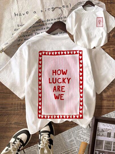 How Lucky Are We Women Summer Tops, Holiday, T-Shirts, Summer, Beach, Casual Top, Plus Size Round Neck Short Sleeve T-Shirts White