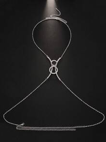 1pc Silver Sexy Crystal Double Circle X Body Chain Necklace, Women Summer Beach Bikini Body Jewelry - Silver - View 7
