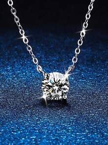 1 chiếc dây chuyền thời trang nữ, bạc sterling S925, mặt dây chuyền bốn chấu đính đá Cubic Zirconia tổng hợp sáng bóng, kiểu dáng tối giản thanh lịch, thích hợp để đeo hàng ngày/đi nghỉ mát/làm quà tặng Ngày Valentine/sinh nhật/Ngày của Mẹ, bạc nguyên chất không gây dị ứng. - Bạc - Xem 3