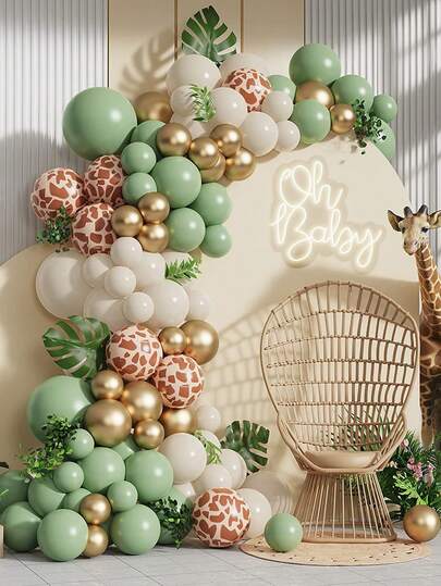 137PCS Jungle Safari Balloon Garland Arch Kit, Sage Green White Nude Balloon And Confetti Balloons For Safari Birthday Party Decorations