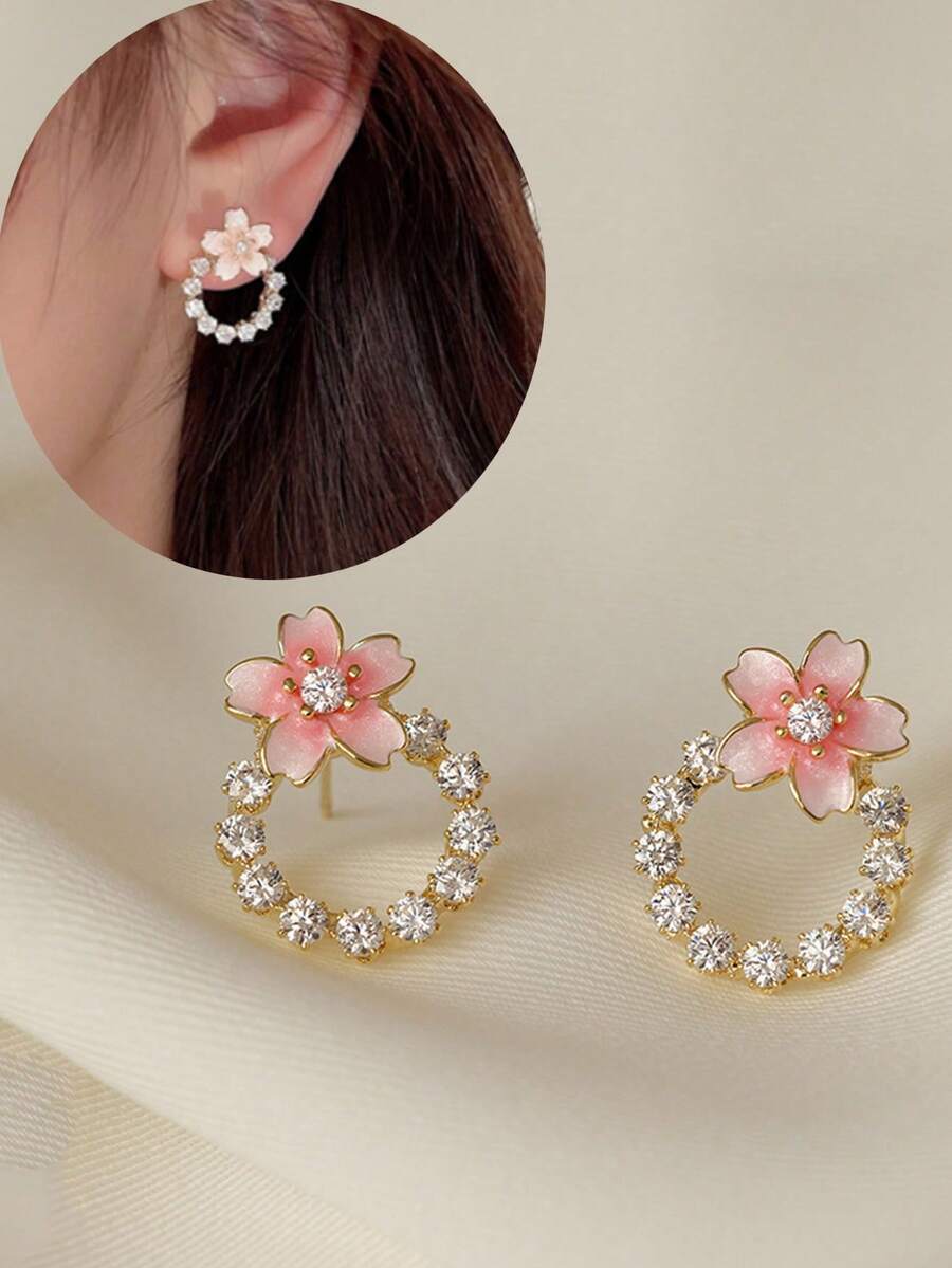 1 Đôi bông tai khoen hoa đính đá và ngọc trai thời trang, thiết kế hoa anh đào màu hồng giọt dầu. - Hồng - Xem 1