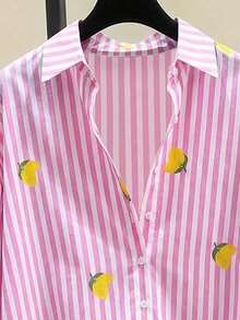 女士粉白条纹宽松雪纺罩衫，优雅休闲罩衫，百搭长袖上衣，适合通勤、约会、春夏穿着 - 白色 - 查看 4