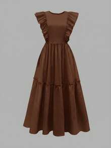 Women's Elegant Vacation Solid Color Cap Sleeve Ruched Patchwork Short Casual Dress, Spring/Summer - Coffee - View 2