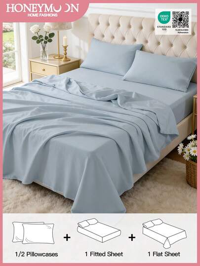 3pcs/Set = 1pc Bed Skirt + 1pc Flat Sheet + 1pc Pillowcase, 4pcs/Set = 1pc Bed Skirt + 1pc Flat Sheet + 2pcs Pillowcase, Polyester Fleece Mattress Pad Fits 9-12 Inch Deep Pocket, Shrink-Resistant, Suitable For Twin/Full/Queen/King Size Home & Dorm, Oeko-Tex Certified, Gray Blue