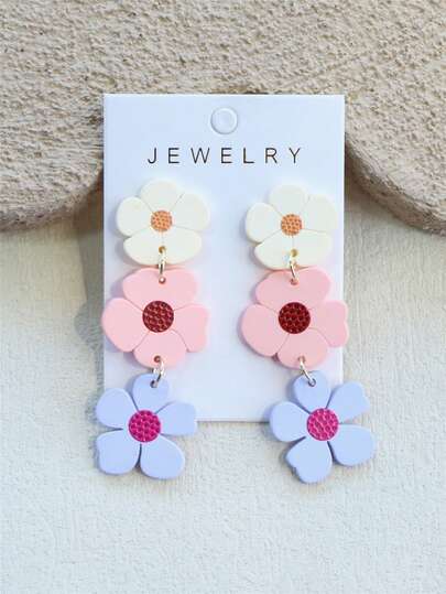 1对女士春夏花卉印花陶瓷质感亚克力耳环，三件套设计，可爱优雅