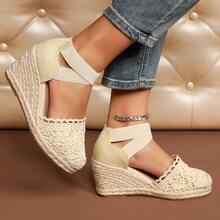 Women's Criss-Cross Elastic Mesh Floral Velvet Linen Rope Casual Wedge Shoes - Beige - View 11
