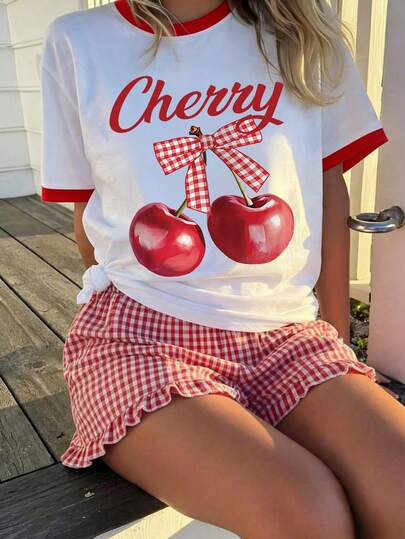 Girls' 2-Piece Set, Ringer Tee & Gingham Ruffle Shorts, Cherry & Plaid Bow Print, "Cherry" Slogan Accent, Casual Matching Outfit, For Back To School, Picnic Outing, Daily Leisure