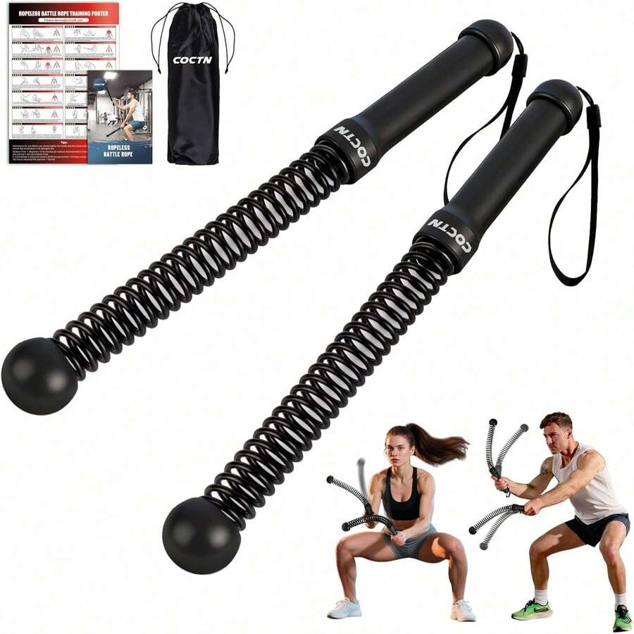 Cuerdas de batalla sin cuerda con peso, cuerdas de batalla portátiles y resistentes sin cable para gimnasio en casa con póster, cuerda de ejercicio para fortalecimiento, HIIT y entrenamiento aeróbico de bajo impacto para hombres y mujeres - Negro - Ver 1