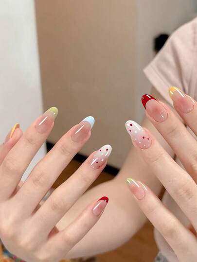 Verbessern Sie Ihr Aussehen sofort mit 30 Stück Frühlings- und Sommer-Vintage-Street-Hottie-süßen, niedlichen, einfachen, lässigen, eleganten täglichen Wein-Rot- und Weiß-gepunkteten Mustern Gelb/Hellblau/Grün/Weinrot Französisch Dopamin Medium Mandel Aufklebe-Nägel Fake Nagel Set, geeignet für süße und zarte Mädchen und Frauen für den täglichen Gebrauch und Einkaufen