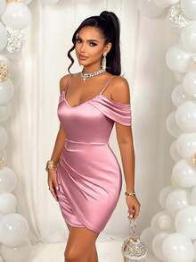 AIJ Amarilo Sexy Elegant Ruffle Off Shoulder Fitted Mini Dress With Lily Flower Trim, For Valentine's Day - Pink - View 4