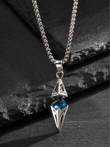 1pc/Fashion Unisex Blue Stone Pendant Necklace With Stainless Steel Chain, Geometric Design, Perfect As A Boyfriend/Girlfriend Gift, Party Accessory, Summer Fashion Essential - Multicolor - View 5