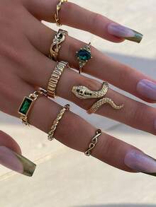 Bộ 8 chiếc nhẫn nữ kiểu dáng Châu Âu và Mỹ đính đá giả, nhẫn midi cao cấp khảm họa tiết sóng và hình học, bộ nhẫn hình rắn hở dành cho nữ. - Vàng - Xem 1