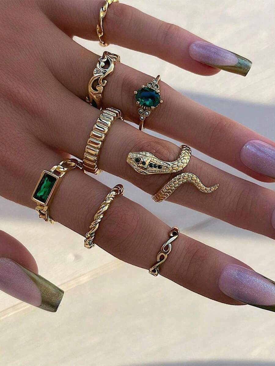 Bộ 8 chiếc nhẫn nữ kiểu dáng Châu Âu và Mỹ đính đá giả, nhẫn midi cao cấp khảm họa tiết sóng và hình học, bộ nhẫn hình rắn hở dành cho nữ. - Vàng - Xem 1