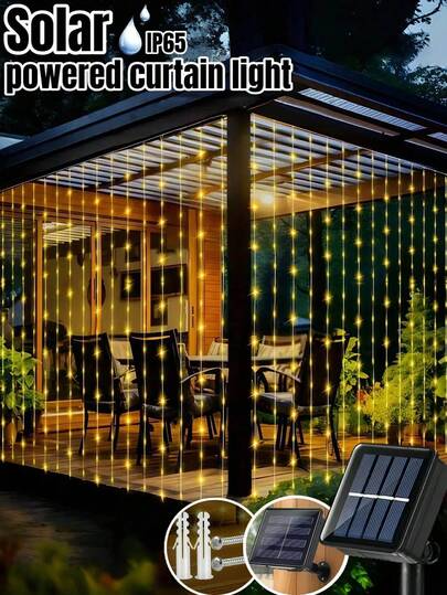 1条太阳能窗帘灯串 - 100/200/300颗LED灯珠，8种照明模式，IP65防水，户外太阳能灯串，适用于花园、露台、凉亭、房屋墙壁、家居、婚礼、派对、窗户、圣诞节、节日、复活节装饰，室内/室外（暖白/白/彩色）