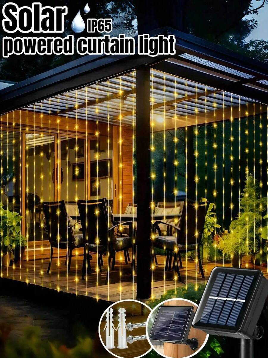 1条太阳能窗帘灯串 - 100/200/300颗LED灯珠，8种照明模式，IP65防水，户外太阳能灯串，适用于花园、露台、凉亭、房屋墙壁、家居、婚礼、派对、窗户、圣诞节、节日、复活节装饰，室内/室外（暖白/白/彩色）