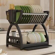 1 pieza Estante de cocina de plástico, Escurridor y organizador multifuncional de tazones y platos, Organizador de cubiertos de doble capa - Multicolor - Ver 1