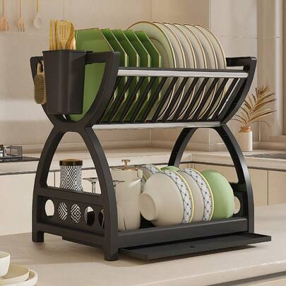 1 pieza Estante de cocina de plástico, Escurridor y organizador multifuncional de tazones y platos, Organizador de cubiertos de doble capa