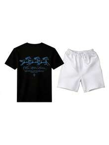 Conjunto masculino estilo western vintage de dos piezas con estampado gráfico de caballos y letras en algodón ajuste holgado cuello redondo manga corta primavera verano uso casual set - Negro 1 - Ver 1