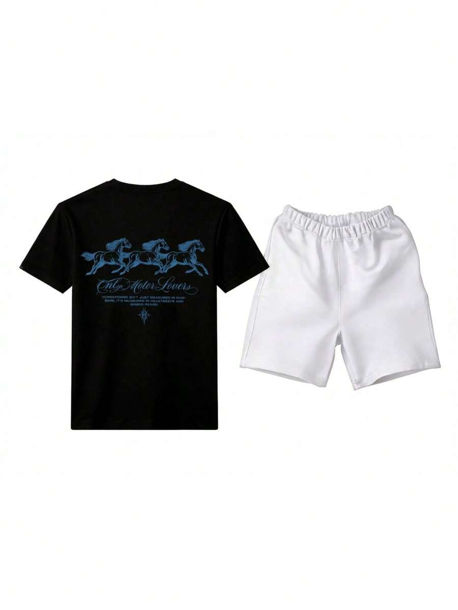 Conjunto masculino estilo western vintage de dos piezas con estampado gráfico de caballos y letras en algodón ajuste holgado cuello redondo manga corta primavera verano uso casual set - Negro 1 - Ver 1