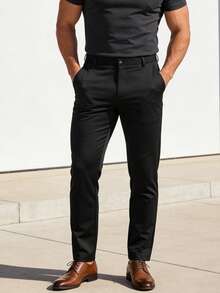Pantalones casuales de negocios de corte relajado sin arrugas para hombres, pantalones rectos cómodos, de unicolor, adecuados para primavera y otoño - Negro - Ver 1