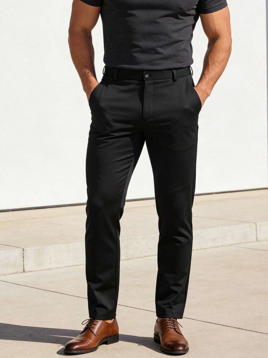 Pantalones casuales de negocios de corte relajado sin arrugas para hombres, pantalones rectos cómodos, de unicolor, adecuados para primavera y otoño - Negro - Ver 1