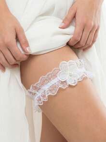 新款夏季欧美性感新娘吊袜带，优雅蕾丝弹力腿套，热门婚礼配饰 - 白色 - 查看 9