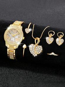 1 Set Women's Watch, Fashionable & Elegant, Round Roman Numeral Quartz Watch With Necklace, Ring, Earrings And Bracelet Jewelry Set, Suitable For Daily Wear, Birthday, Back To School, Thanksgiving And Romantic Occasions, Perfect Gift (Excluding Gift Box) - Gold - View 9