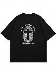 Men's Short Sleeve T-Shirt With Slogan And Cross Pattern - 黑色 - 查看 3