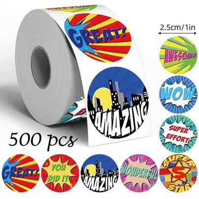 500张卡通励志涂鸦贴纸，1英寸圆形，8种图案，可用于信封、杂志、手机壳、水杯、电脑头盔、剪贴簿DIY装饰、节日派对礼品包装，PVC防水密封贴纸