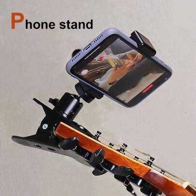 A Dedicated Clip Stand For Live Streaming With Ukuleles, Featuring A Phone Holder For Selfies And A Stand For Recording