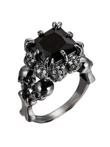 个性化朋克骷髅复古哥特风戒指，男女皆宜，黑色锆石饰品，适合万圣节，女士简约黑色戒指配饰 - 黑色 - 查看 9