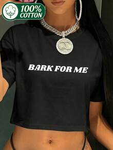 Women's Y2K Street Style "Bark Call Me" Graphic Cropped Top - Black Geometric Crewneck Short Sleeve Shirt, Machine Washable All Season Casual Top, Fashionable Dress Up Clothing, Bold Print, Stretch Material, Statement Shirt, For  Lovers,Spring,For Women,Womens Tops,Tops De Mujer,Green Top,Spring Clothes. - màu đen - Xem 1