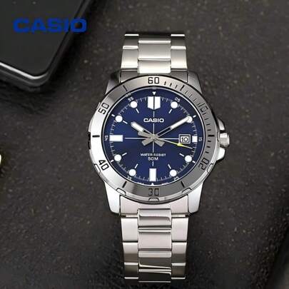 Casio 卡西欧经典男士潜水表，蓝色表盘，不锈钢表带，50米防水运动腕表
