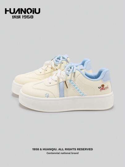 HUANQIU Cute Puppy Embroidery Lace Trim Platform Sneakers, Yellow & Blue, Versatile Casual Sports Shoes For Women