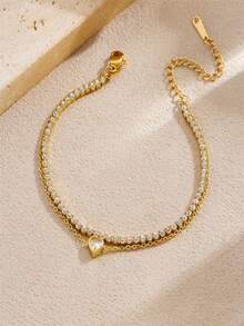 1Pc New Minimalist Versatile Octagram Heart Pendant Full Diamond Chain Stainless Steel Double Layer Bracelet - Gold - View 3