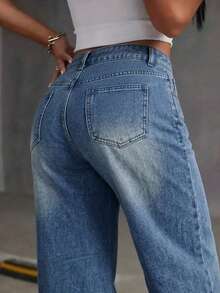 Quần jeans nữ dáng suông, ống đứng, rách nhẹ, dài đến mắt cá chân, dáng rộng, chất liệu không co giãn. - Màu xanh lam - Xem 5