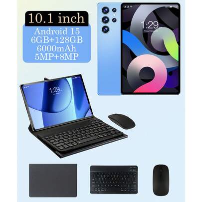 Qetupa 10.1英寸安卓15平板电脑，配备保护套、键盘和鼠标，8GB内存+256GB存储空间（支持1TB SD卡扩展），MTK8788八核2.0GHz处理器，高清(1280x800) IPS触控屏，500万像素前置摄像头和800万像素后置摄像头，6000mAh电池，支持蓝牙5.2、802.11ax Wi-Fi 6、GPS和Type-C充电。