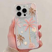 Funda de teléfono con estilo de resort, 1 pieza, transparente, minimalista, con patrón colorido de árbol de coco y marco rosa, a prueba de golpes y resistente a los arañazos, adecuada para iPhone 16 Pro Max, 17/16/15/14 Plus, 13/12/11, Air - Multicolor - Ver 4