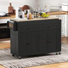 Kitchen Island On Wheels, Extendable Dining Area Kitchen Island With Worktop And Drawers, Mobile Freestanding Kitchen Island, Ideal For Kitchen And Dining Room - Black - View 3