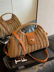 Túi rơm mùa hè, túi xách tay đan thủ công, túi du lịch dành cho nữ với dây đeo vai có thể điều chỉnh. - Màu Khaki - Xem 7