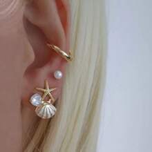 2件套设计师百搭海星贝壳梦幻粉色耳钉优雅海洋创意珍珠镶嵌耳环 - 米色 - 查看 6