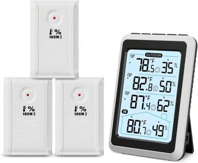 ORIA Termómetro e Higrómetro Inalámbrico con 3 Sensores para Interiores y Exteriores, Monitor Digital de Temperatura y Humedad con Pantalla Retroiluminada, Registro Mín/Máx, Cambio de Celsius/Fahrenheit para el Hogar, Jardín, Invernadero